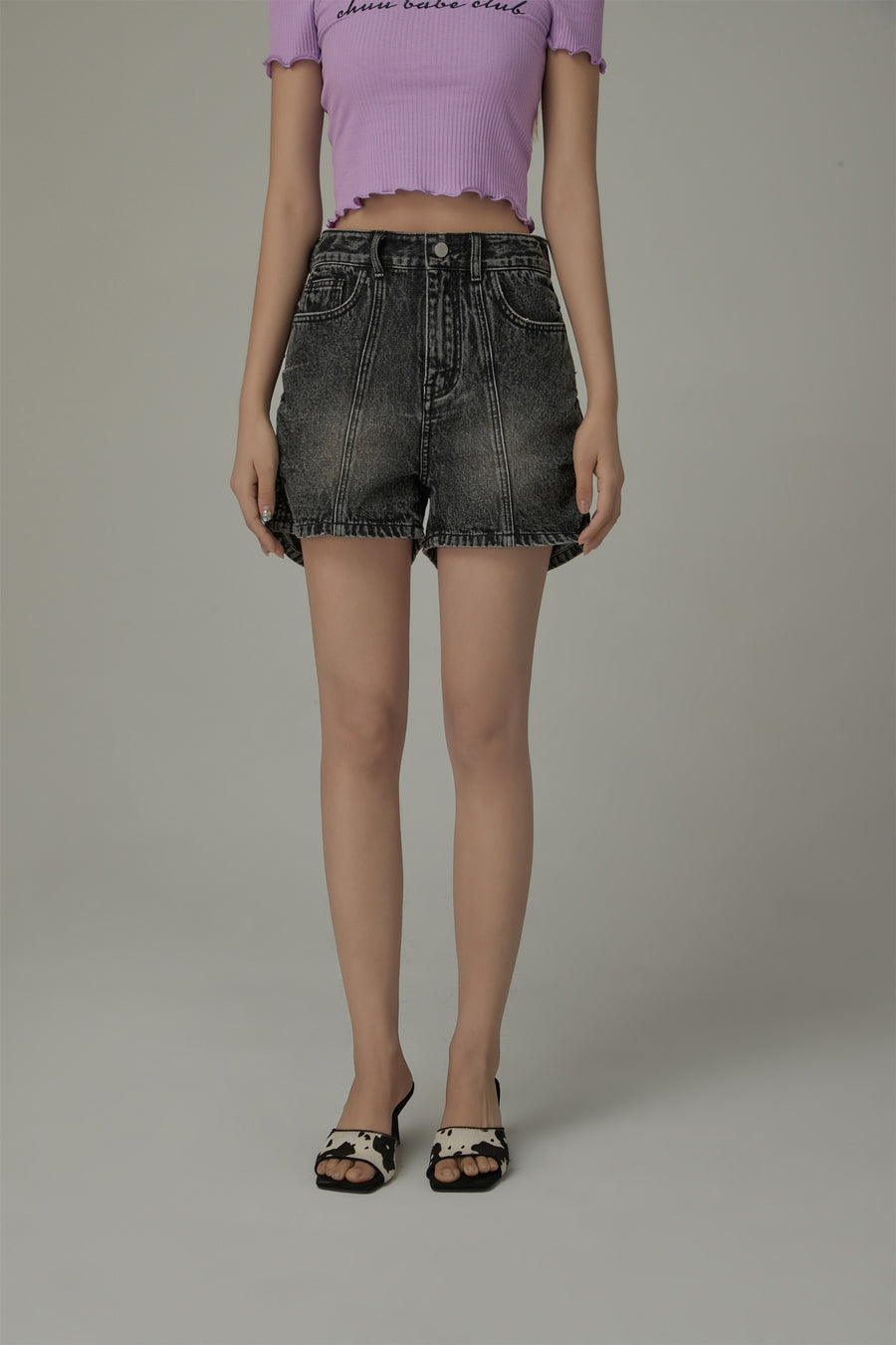 CHUU Side Shirred High Waisted Denim Shorts