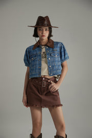 Vintage Check Puffy Short Sleeve Denim Jacket