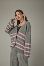 Lettering Striped Knit Cardigan