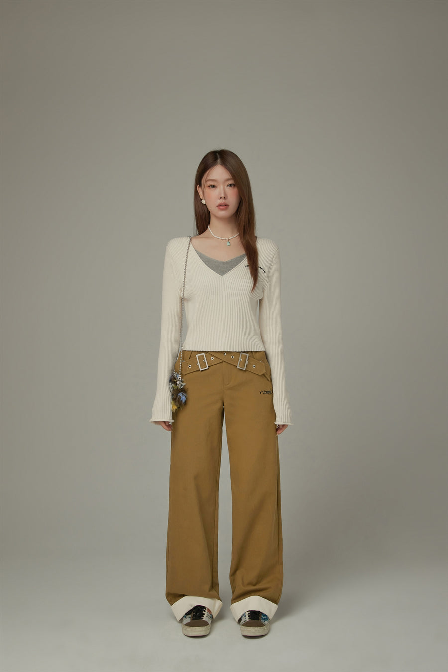 CHUU Criss Cross Belt Roll-Up Wide Pants