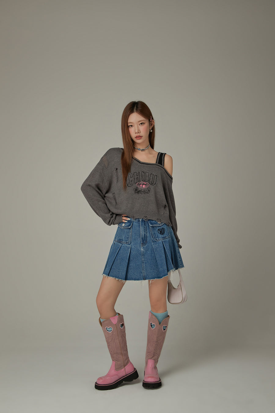 CHUU One Shoulder Cropped Loose Fit Knit Sweater