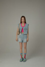 Unbalanced Sleeveless Raw Hem Denim Vest