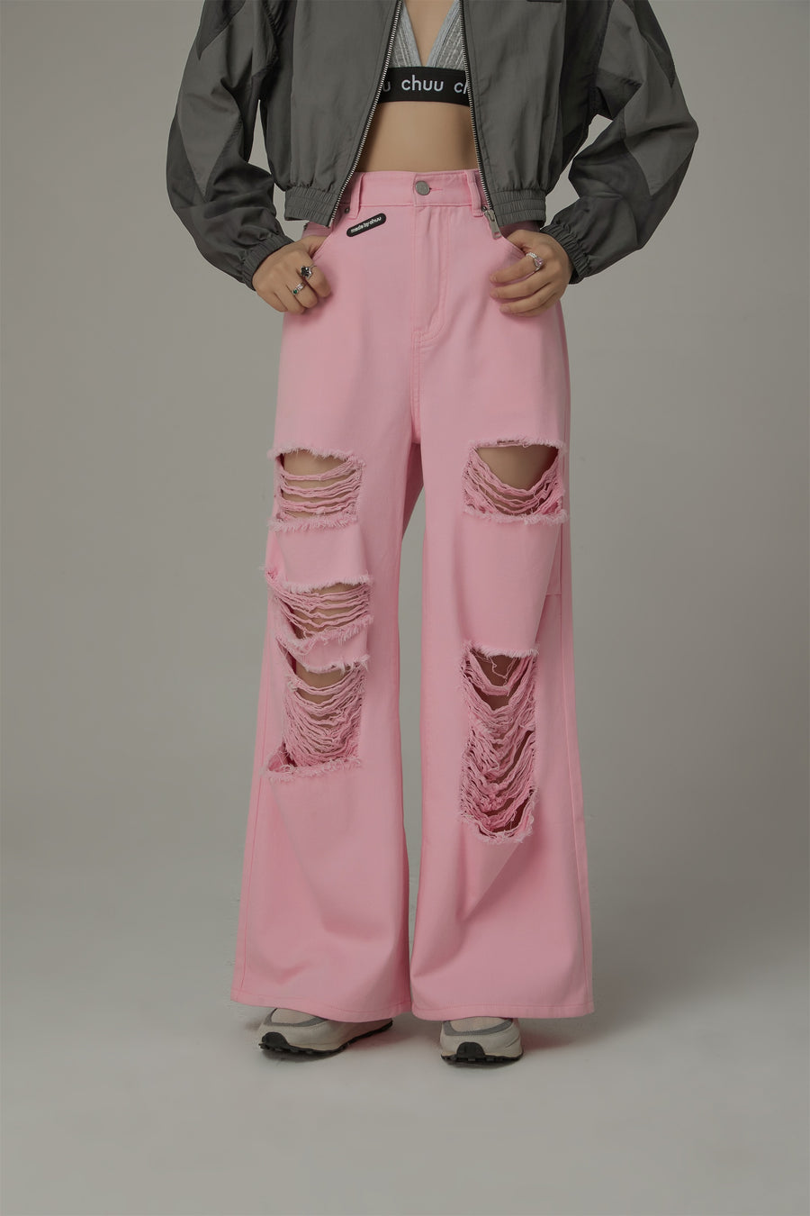 CHUU Distressed Wide Color Loosefit Denim Pants