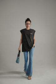 Front Pocket Loosefit Sleeveless Ripped Top