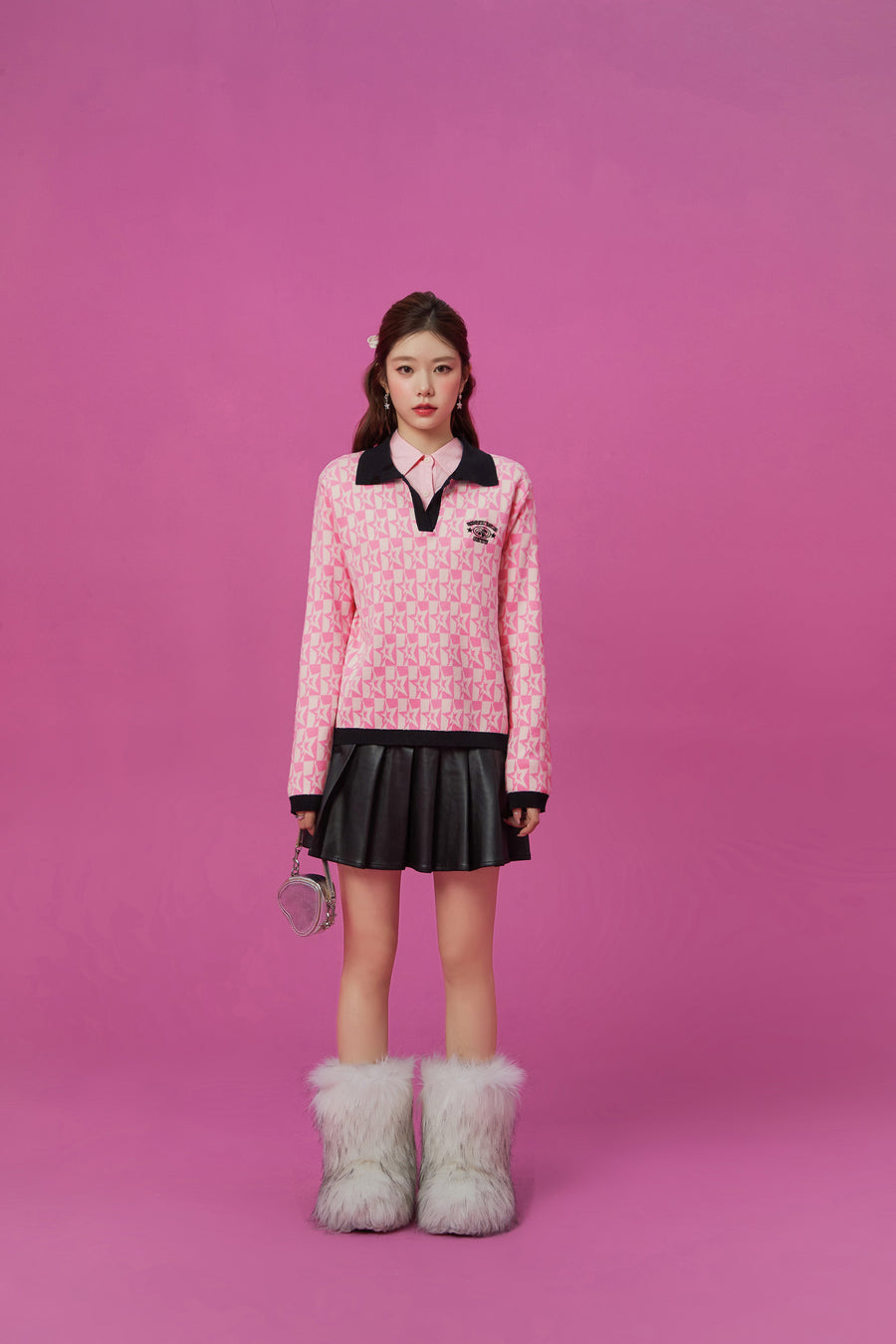 CHUU Open Collar Star Knit Sweater