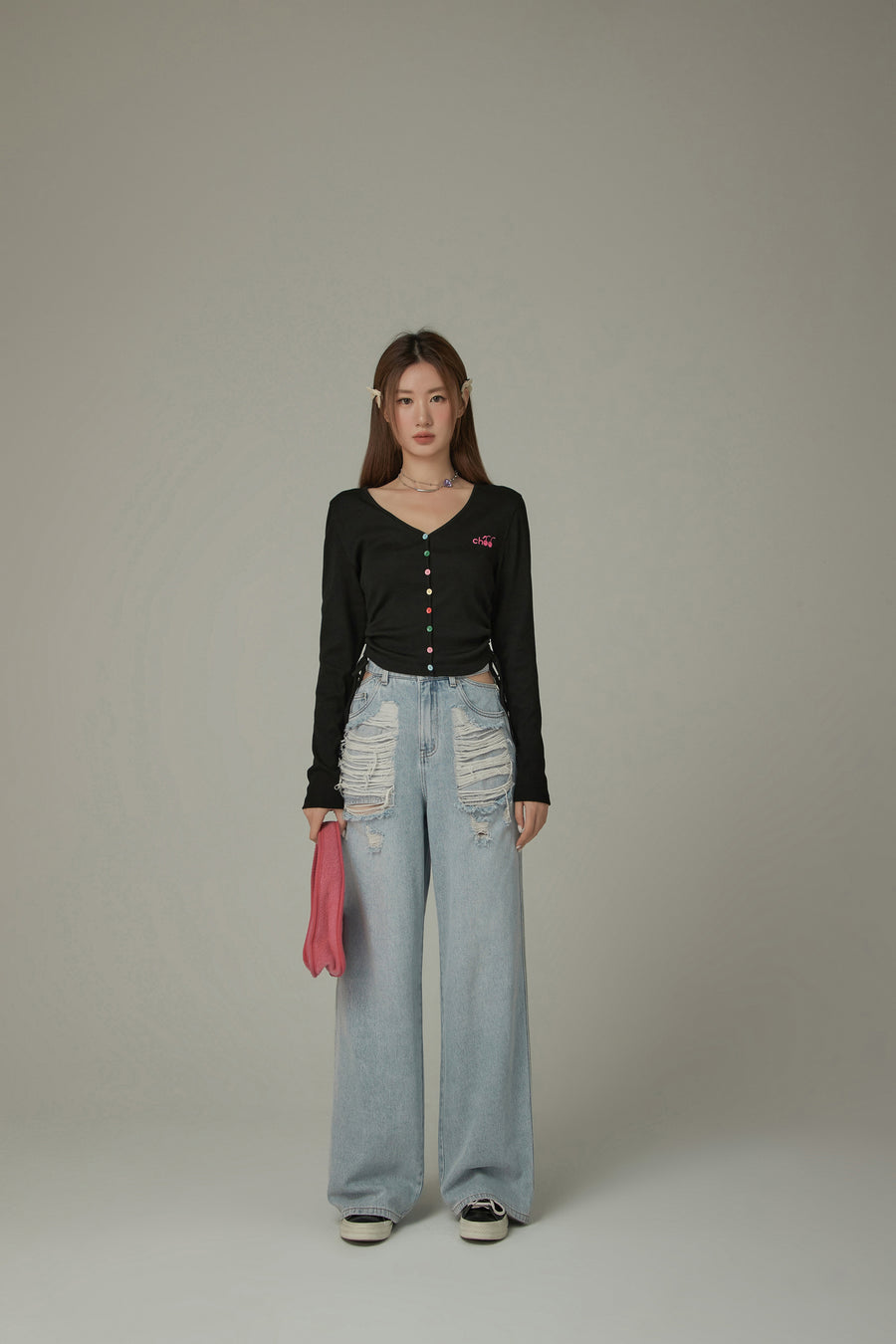 CHUU Side Slit Distressed Ripped Baggy Denim Jeans