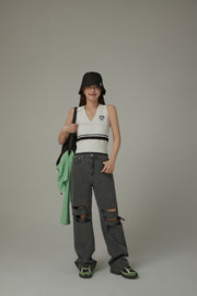 Knit Colorblock Open Collar Sleeveless Vest