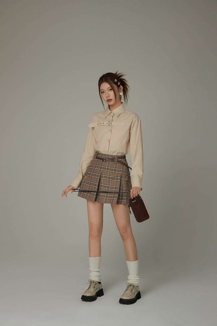 CHUU Check Pleated Preppy Mini Skirt