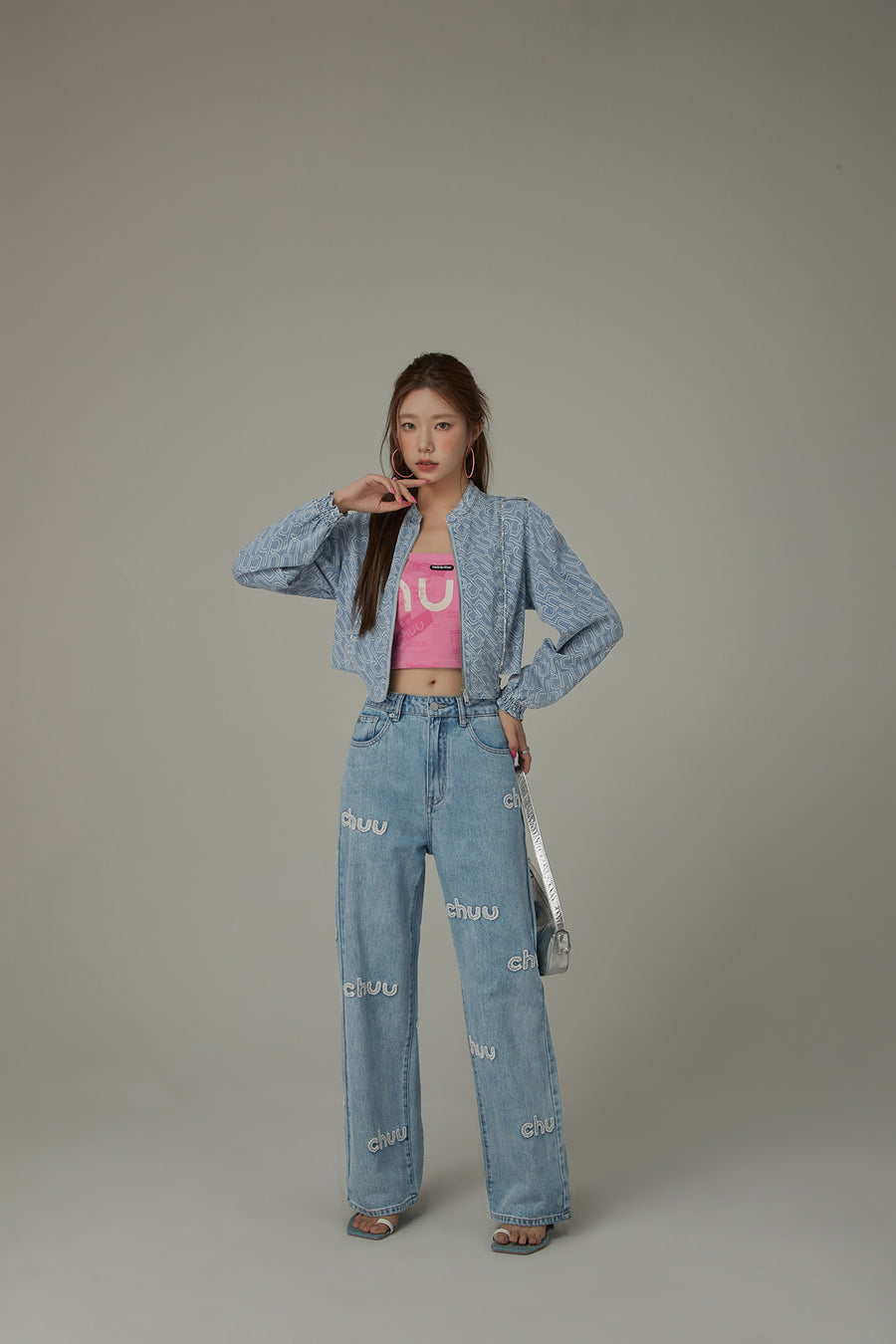 CHUU Logo Lettering Denim Zip Up Jacket