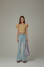 Side Garter Check Buttoned Yellow Blouse