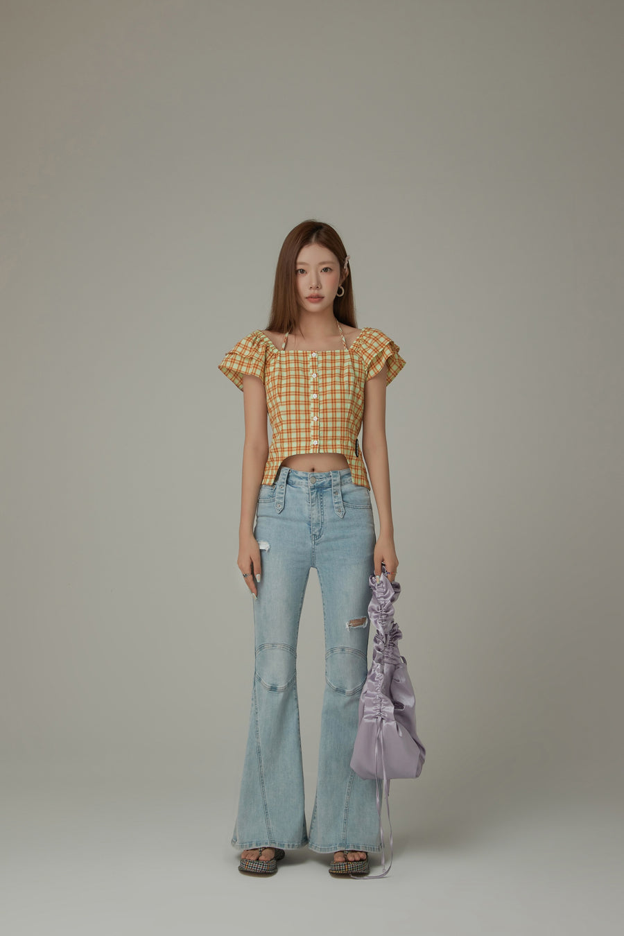 CHUU Side Garter Check Buttoned Yellow Blouse