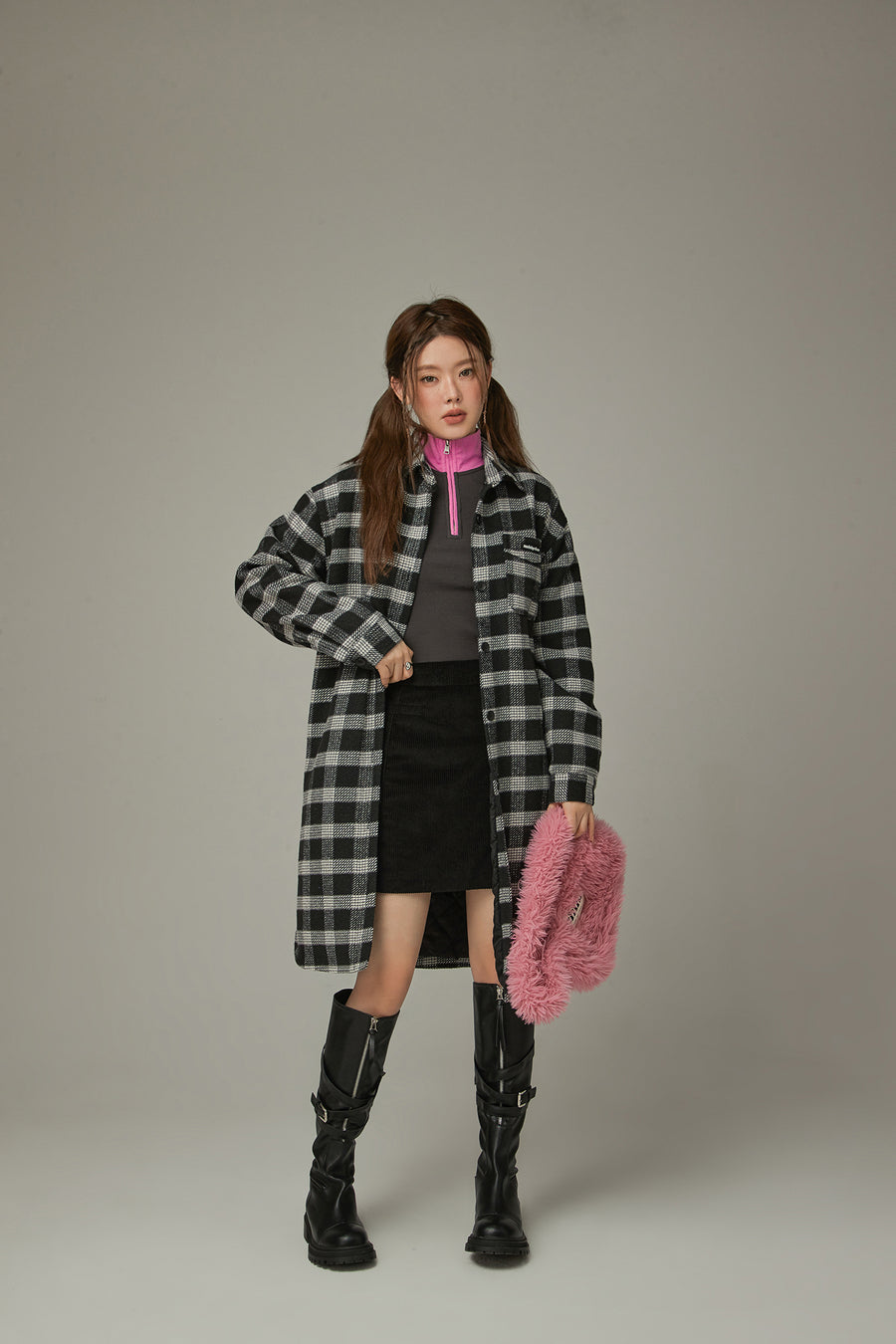 CHUU Check Long Button Coat