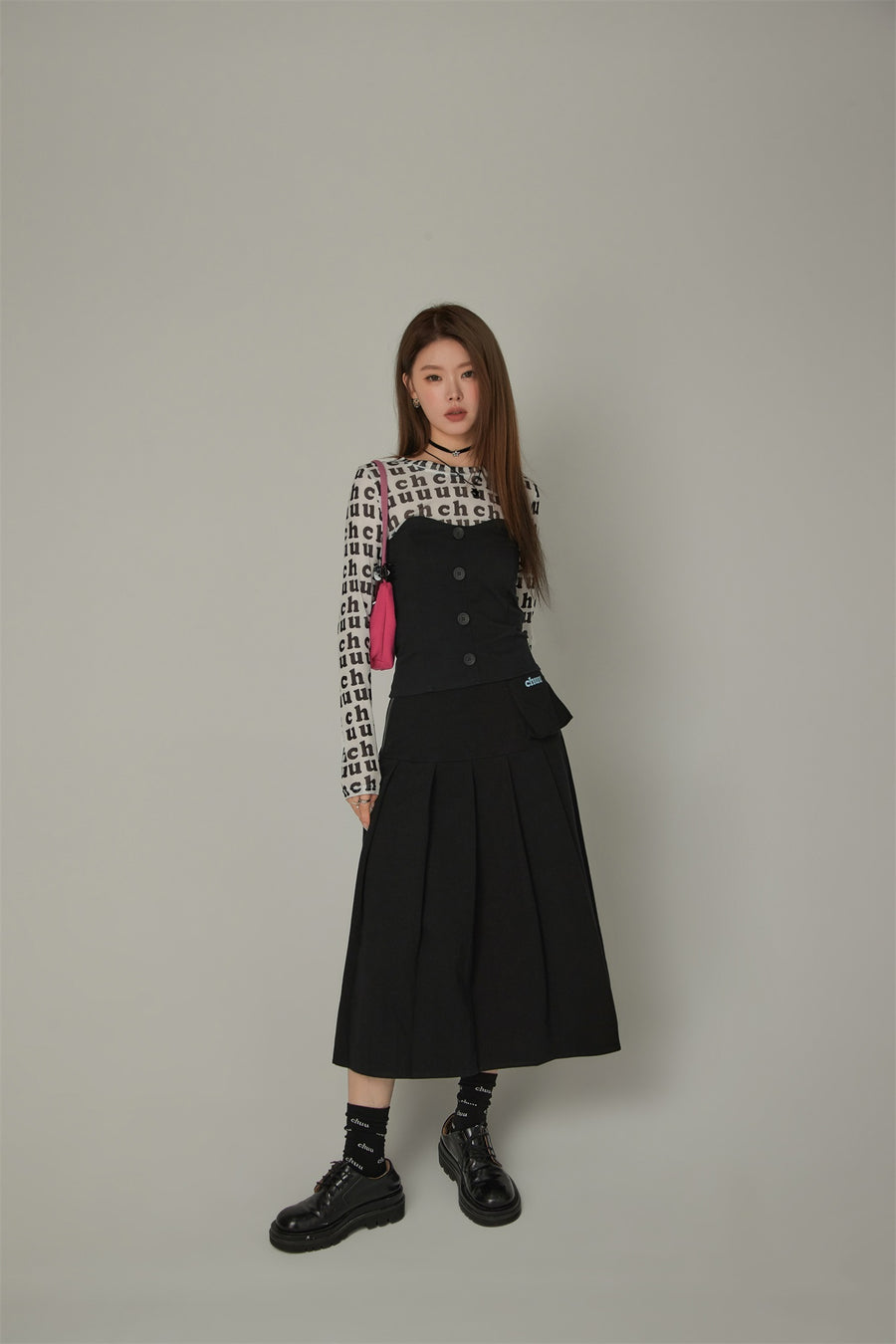 CHUU Heart Pleated Long Skirt