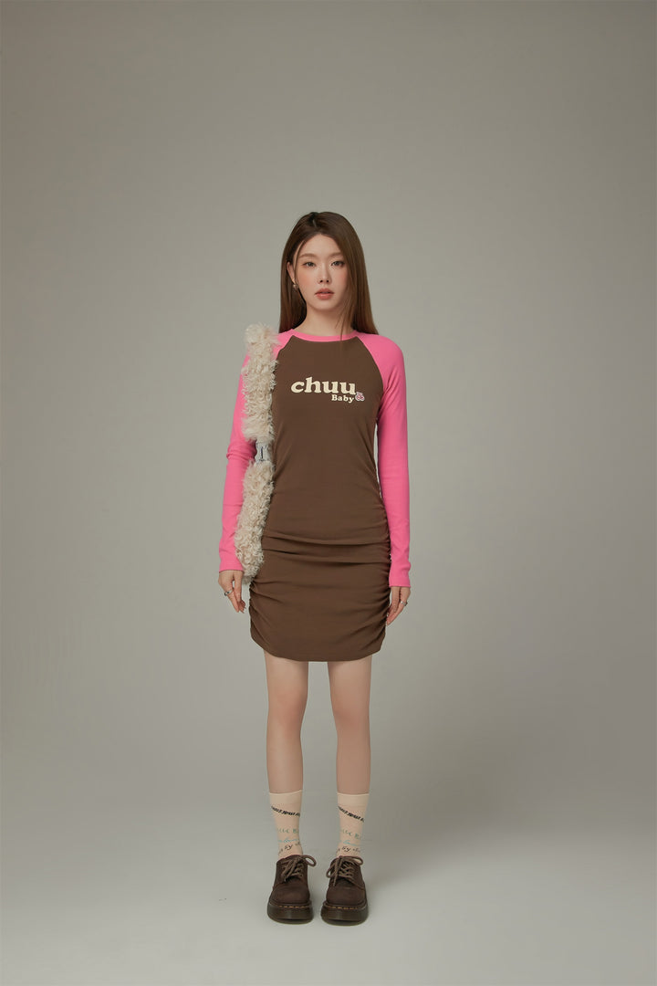 Color Combination Shirring Long Sleeve Dress