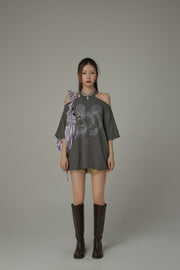 Off-The-Shoulder Jelly Fish Loose-Fitting T-Shirt