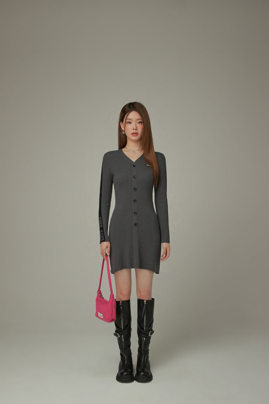 CHUU Ribbed Knit Button Dress