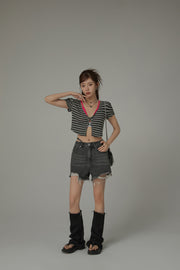 Stripe Layering Short Sleeve Crop Top