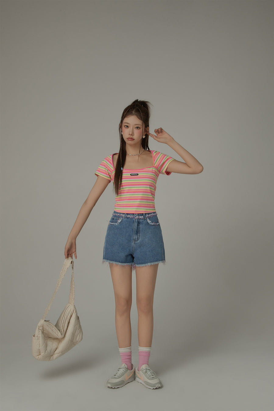 CHUU Rainbow Stripe Square Neck T-Shirt