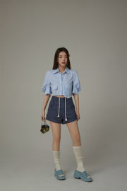 Puffy Sleeve Colored Pocket Crop Shirt