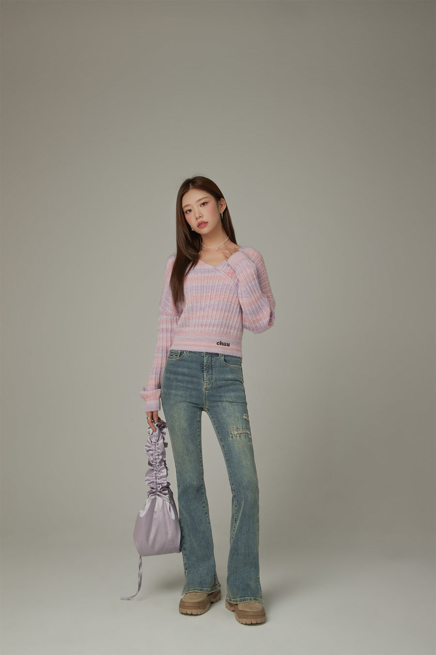 CHUU Washed Ripped Bootcut Denim Jeans