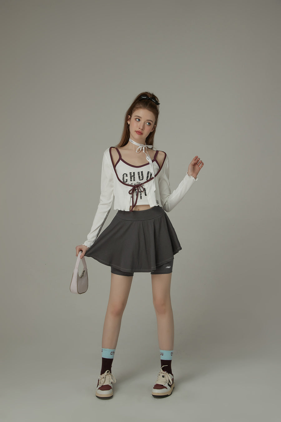 CHUU Ruffled Hem Ribbon Long Sleeve Cardigan