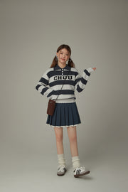 Polo Neck Striped Knit Top