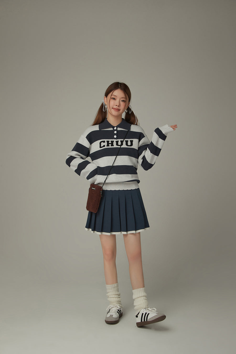 CHUU Polo Neck Striped Knit Top