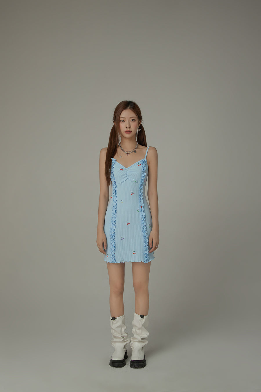 CHUU Cherry Printed Frilly Bustier Sleeveless Strap Mini Dress