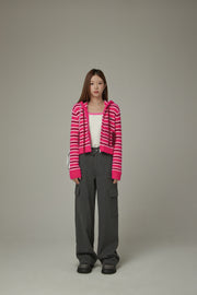 Striped Hooded Basic Zip-Up