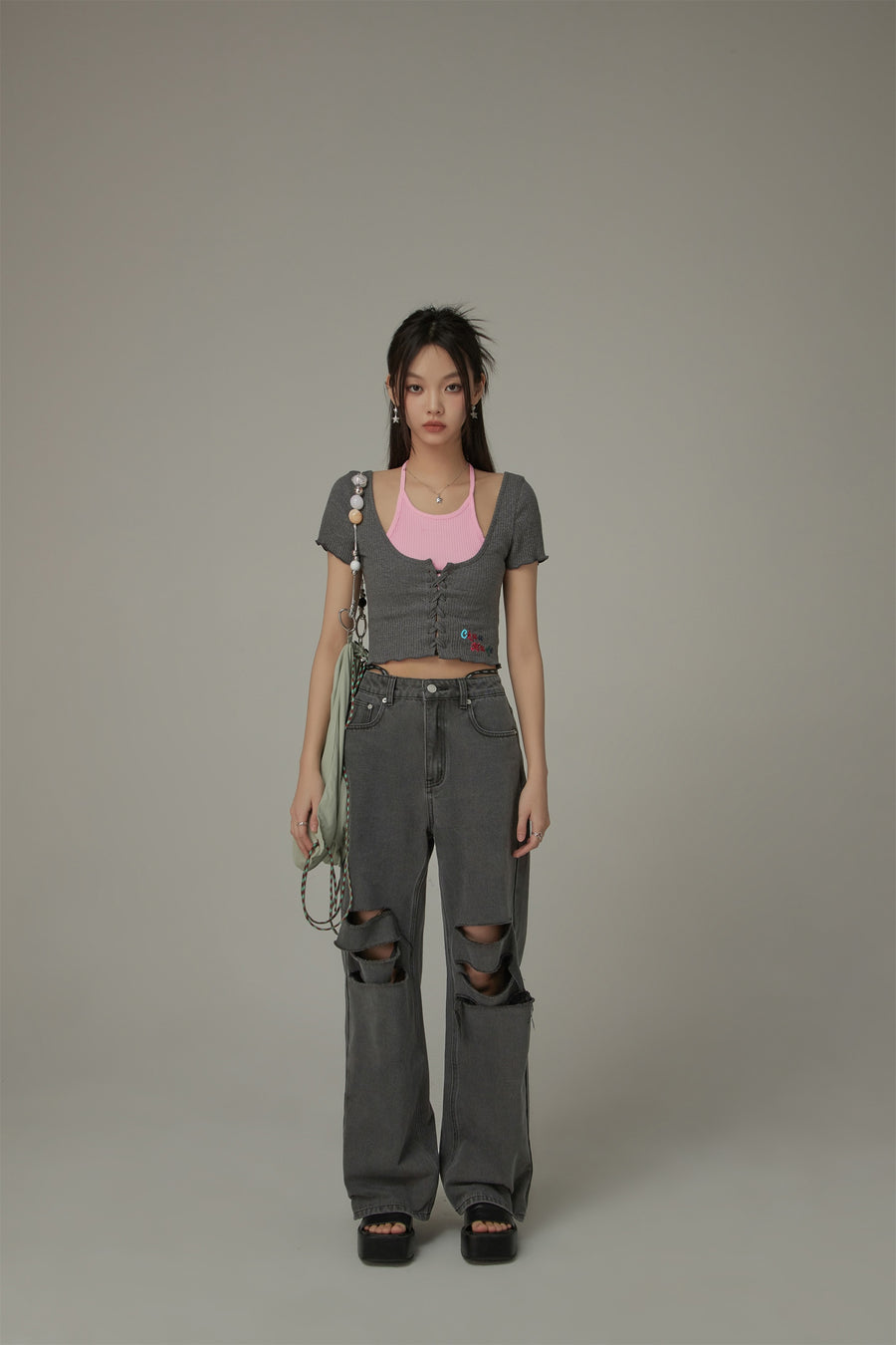 CHUU Halter Neck Eyelet Color Blocked T-Shirt