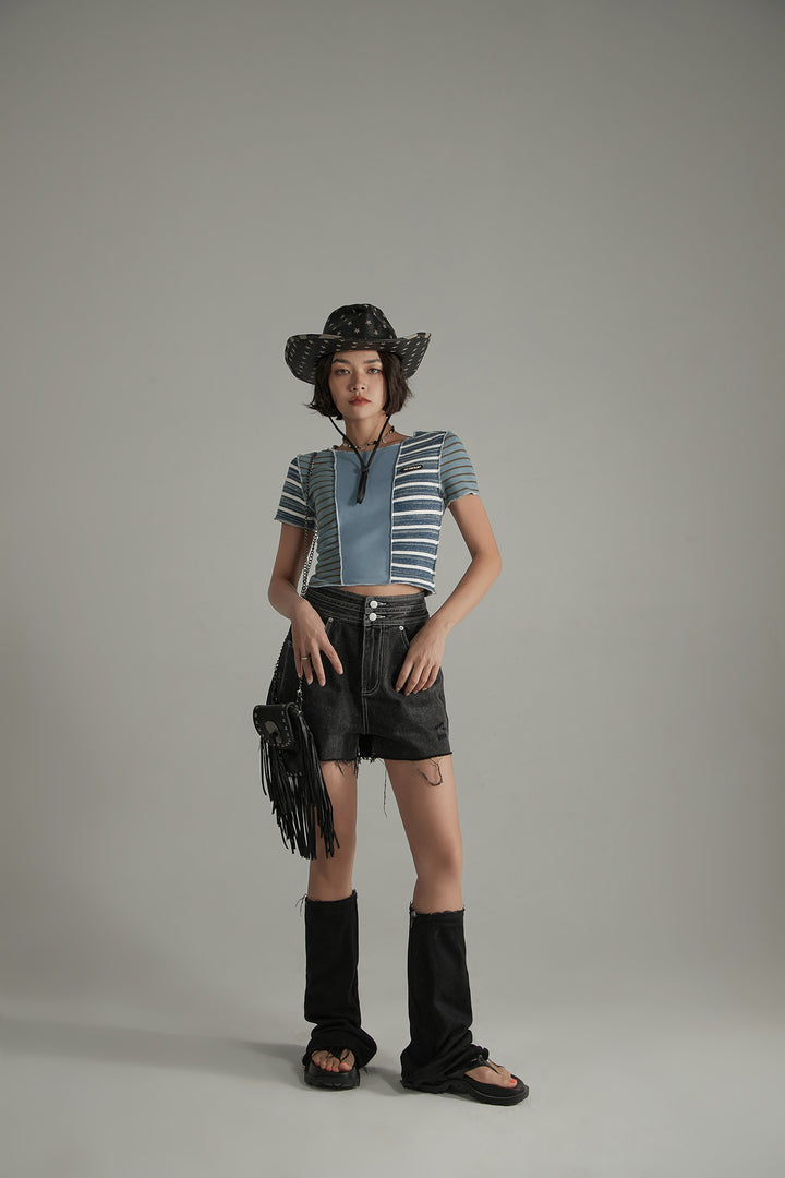 Contrast Striped Slim Cropped T-Shirt