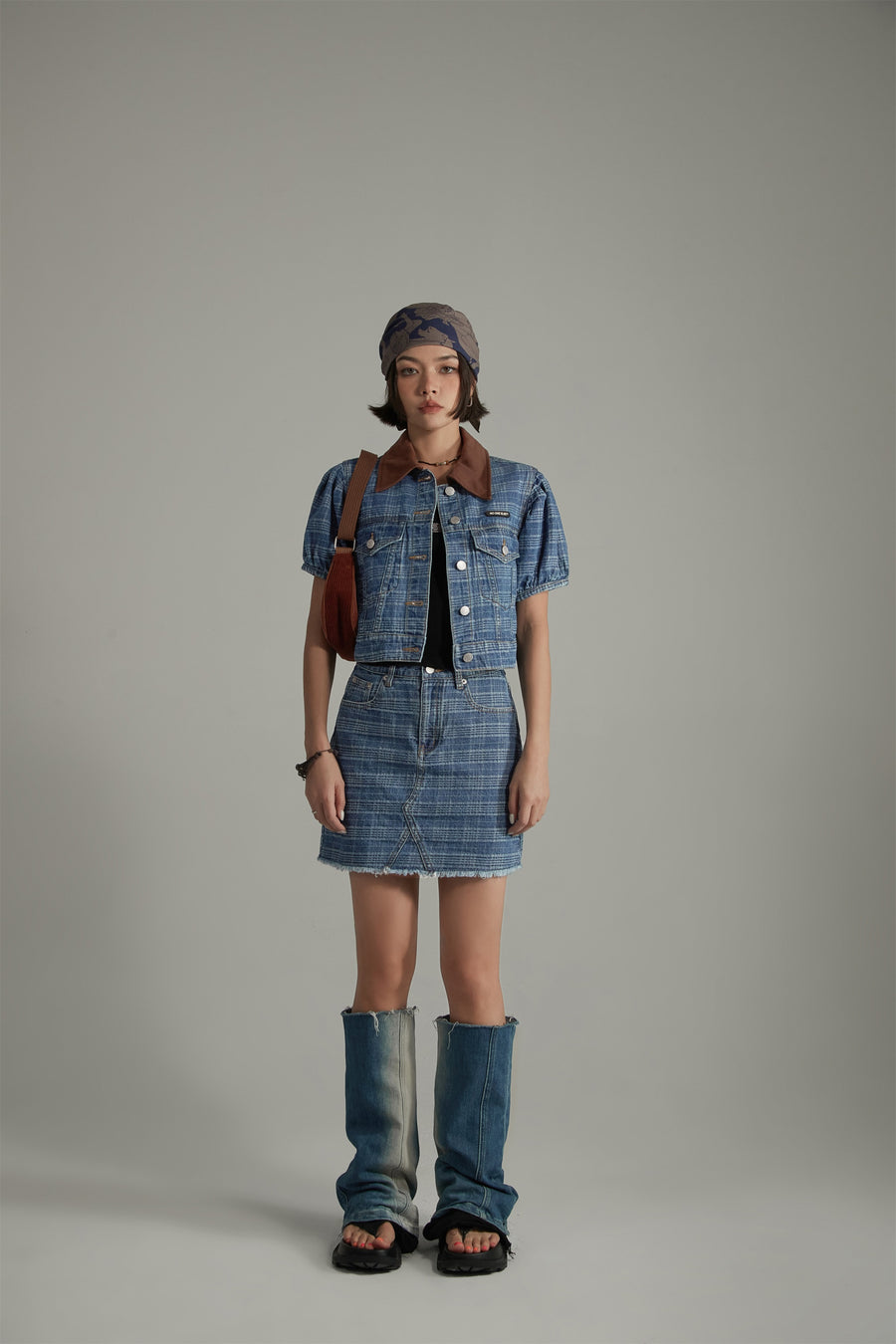 CHUU Vintage Check Puffy Short Sleeve Denim Jacket