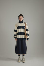 Half Zip-Up Color Striped Sweatshirt