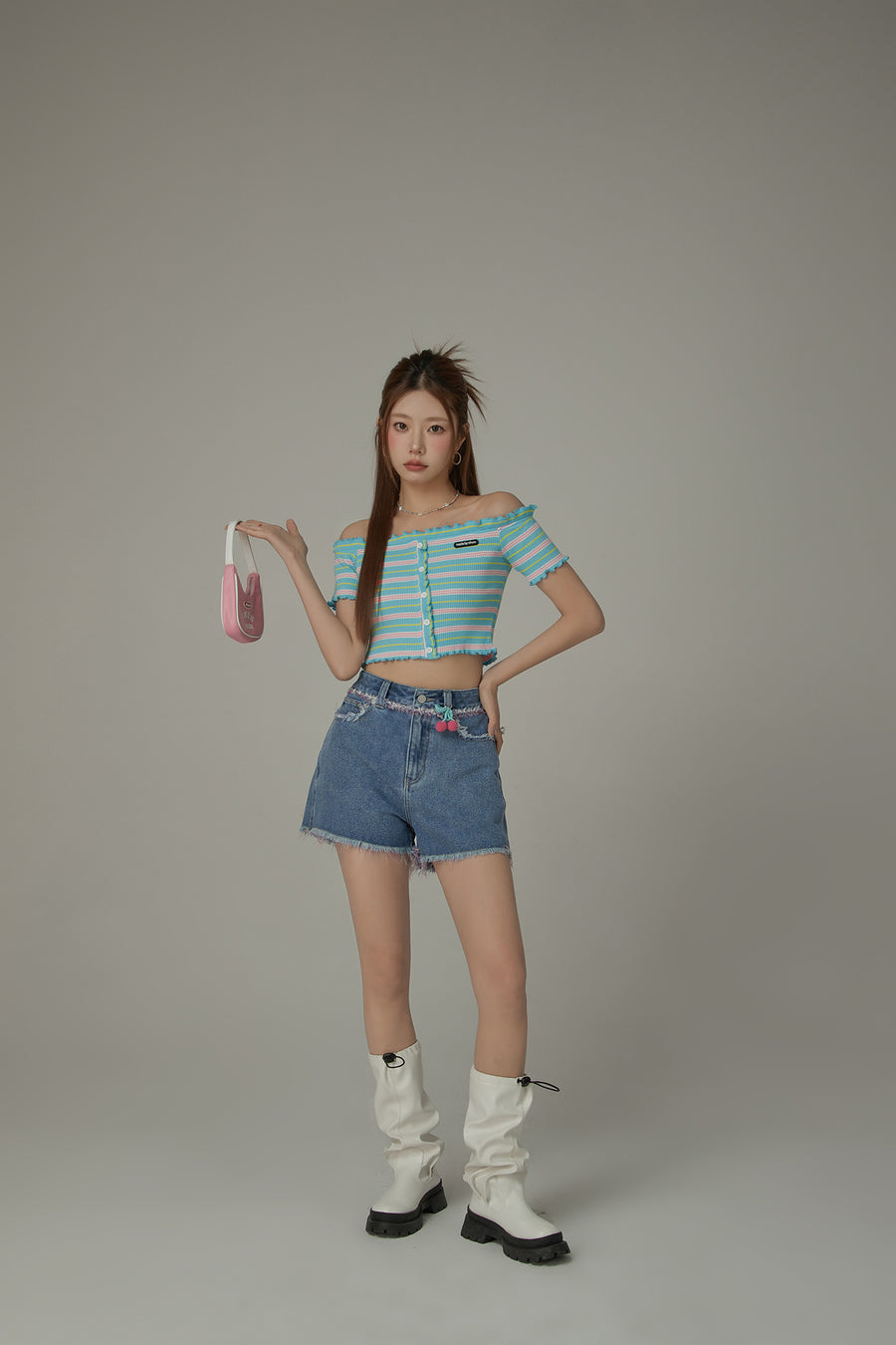 CHUU Ruffled Off The Slim Fit Crop Shoulder T-Shirt