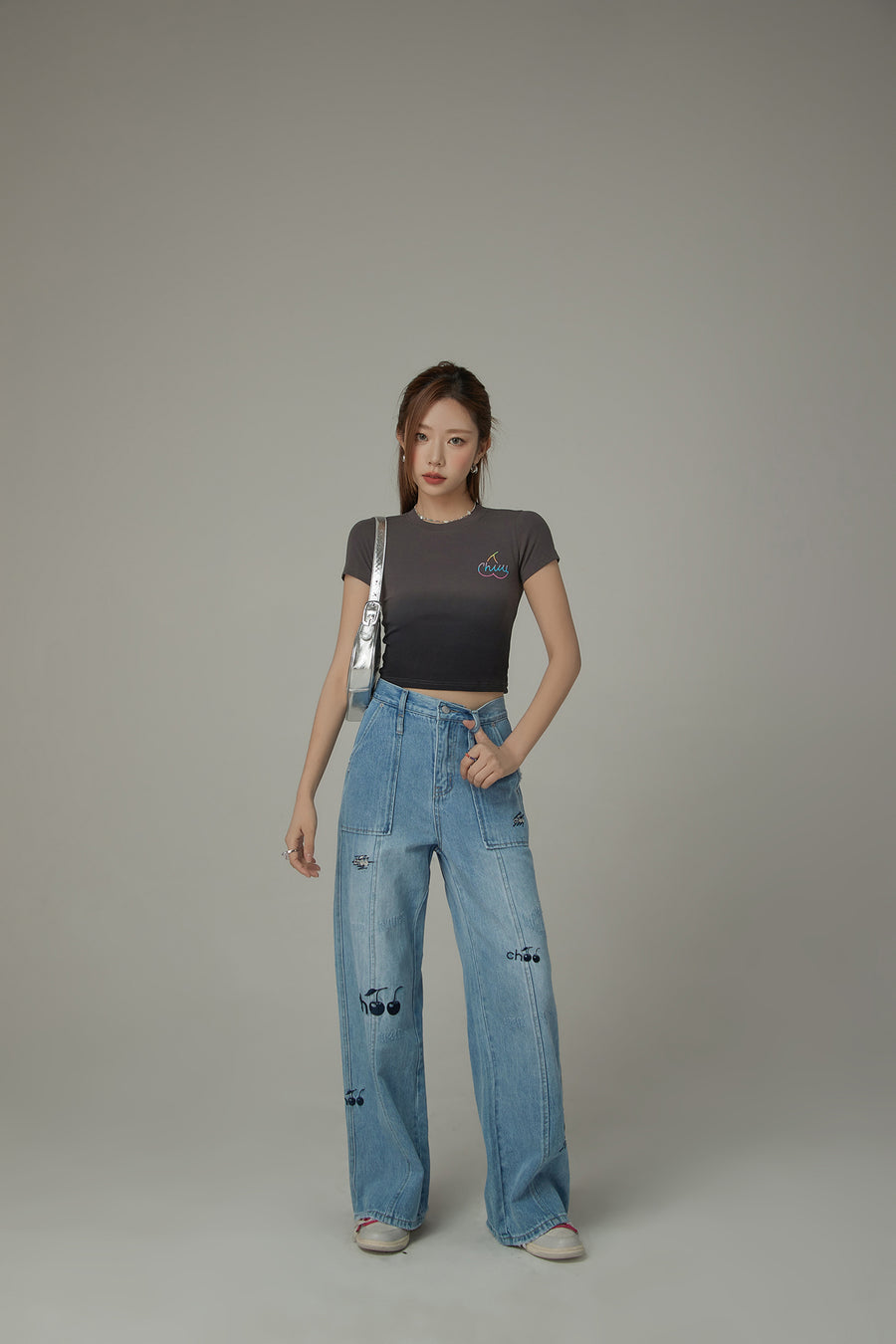 CHUU Gradient Round Neck Slim Short-Sleeved Cropped T-Shirt