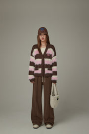 V-Neck Color Combination Stripe Knit Cardigan