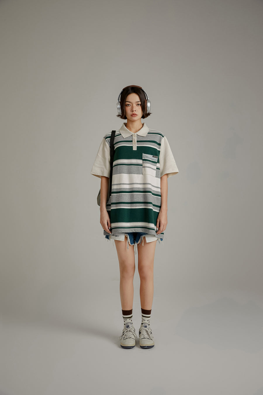 CHUU Polo Neck Striped Loose Fit T-Shirt