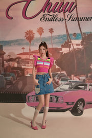 Multi Color Cherry Ribbon Tie Denim Mini Skirt