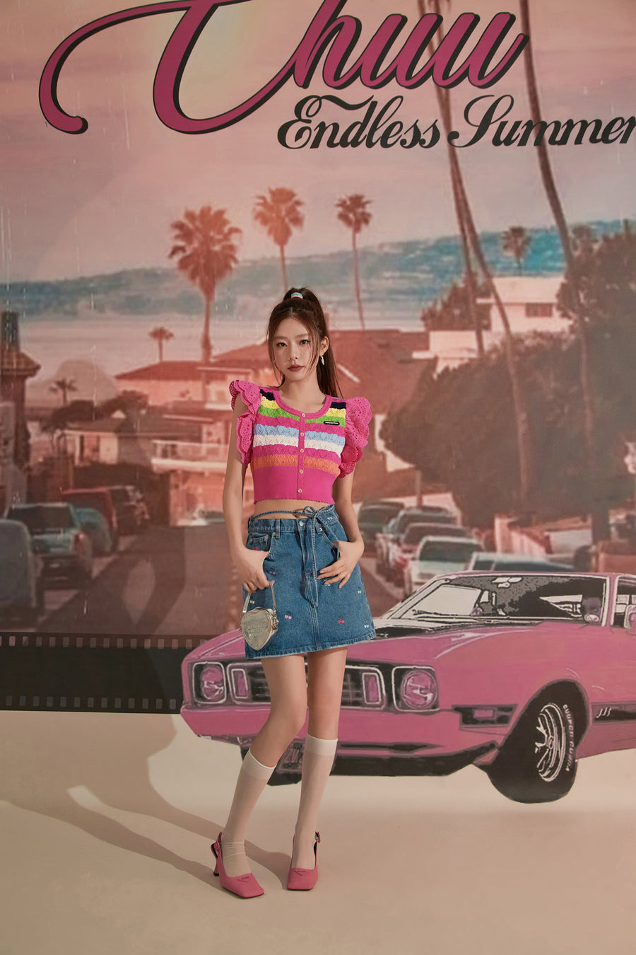 CHUU Multi Color Cherry Ribbon Tie Denim Mini Skirt