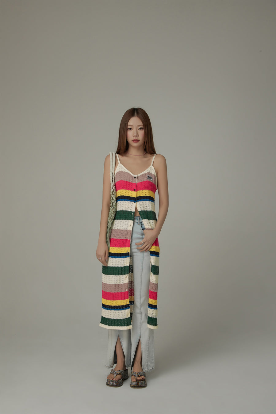 CHUU Striped Bustier Button Sleeveless Knit Dress