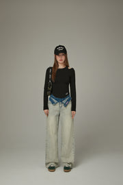 Folded Waist Color Combination Wide Denim Jeans