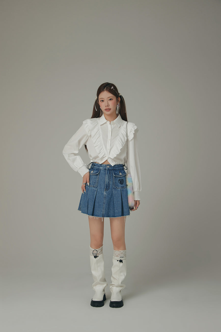 CHUU Ruffle Cropped Drawstring Shirt