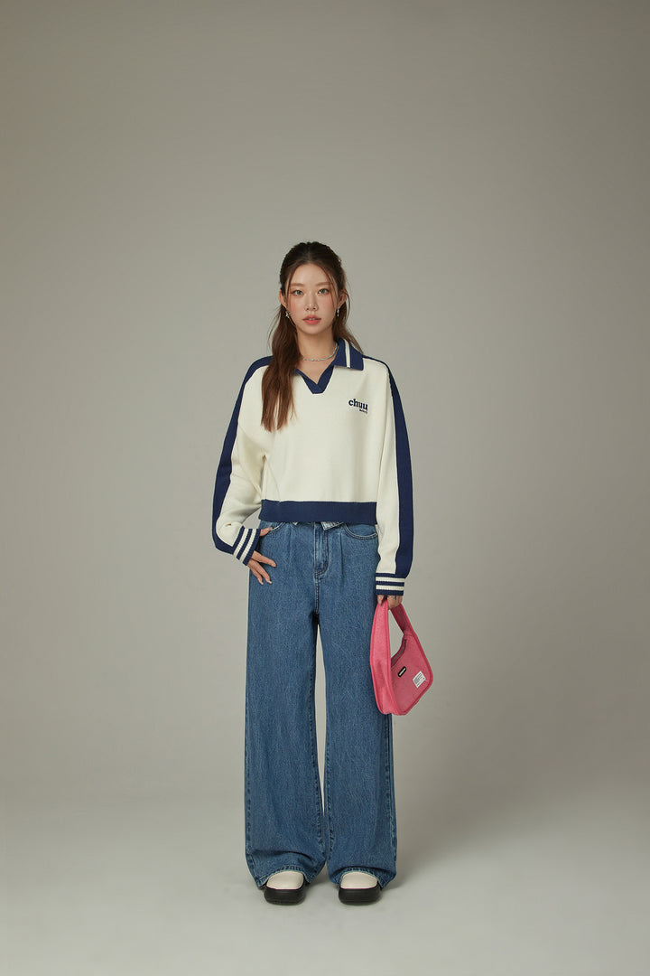 Logo Folded Waist Straight Denim Jeans