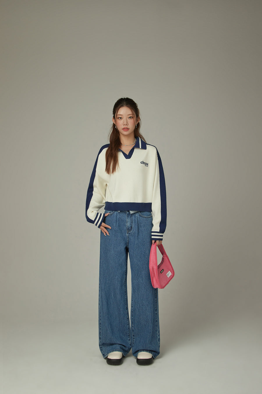 CHUU Logo Folded Waist Straight Denim Jeans