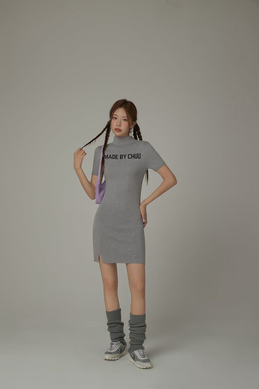 CHUU High Neck Logo Knit Mini Dress