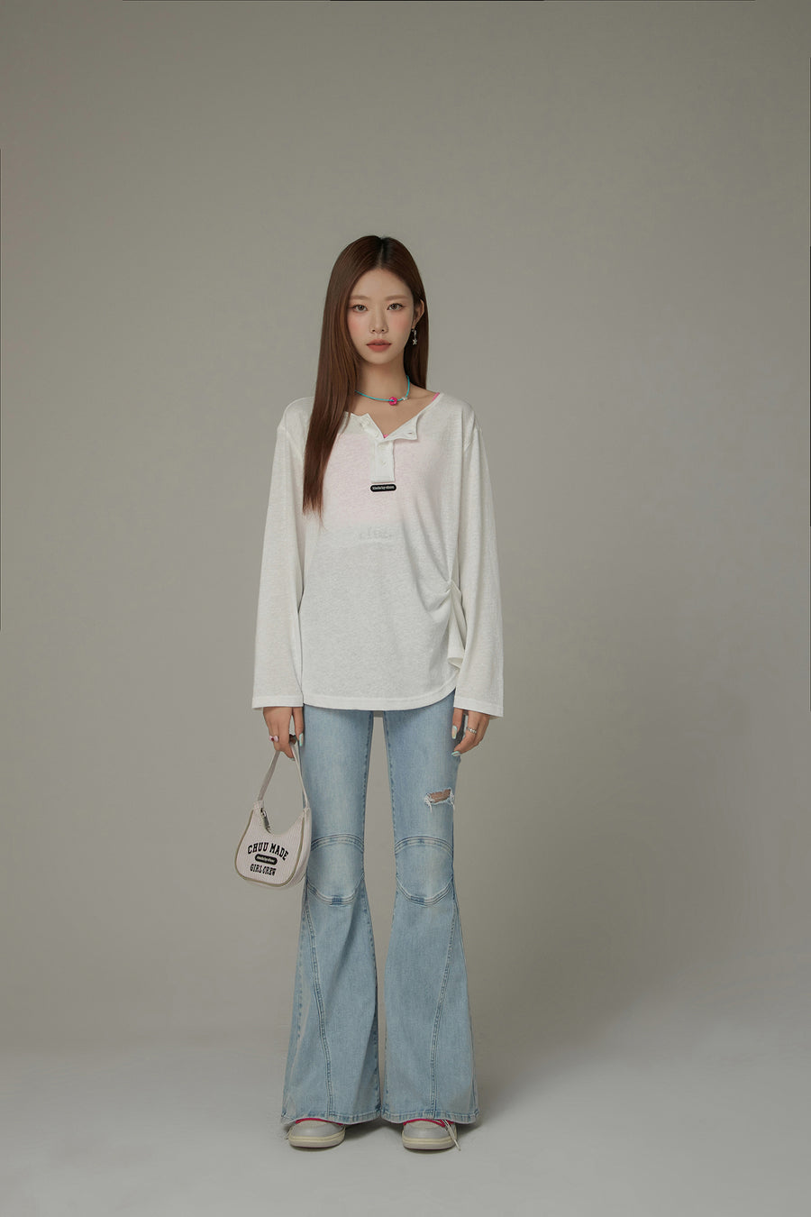 CHUU Button Side Shirring Basic T-Shirt