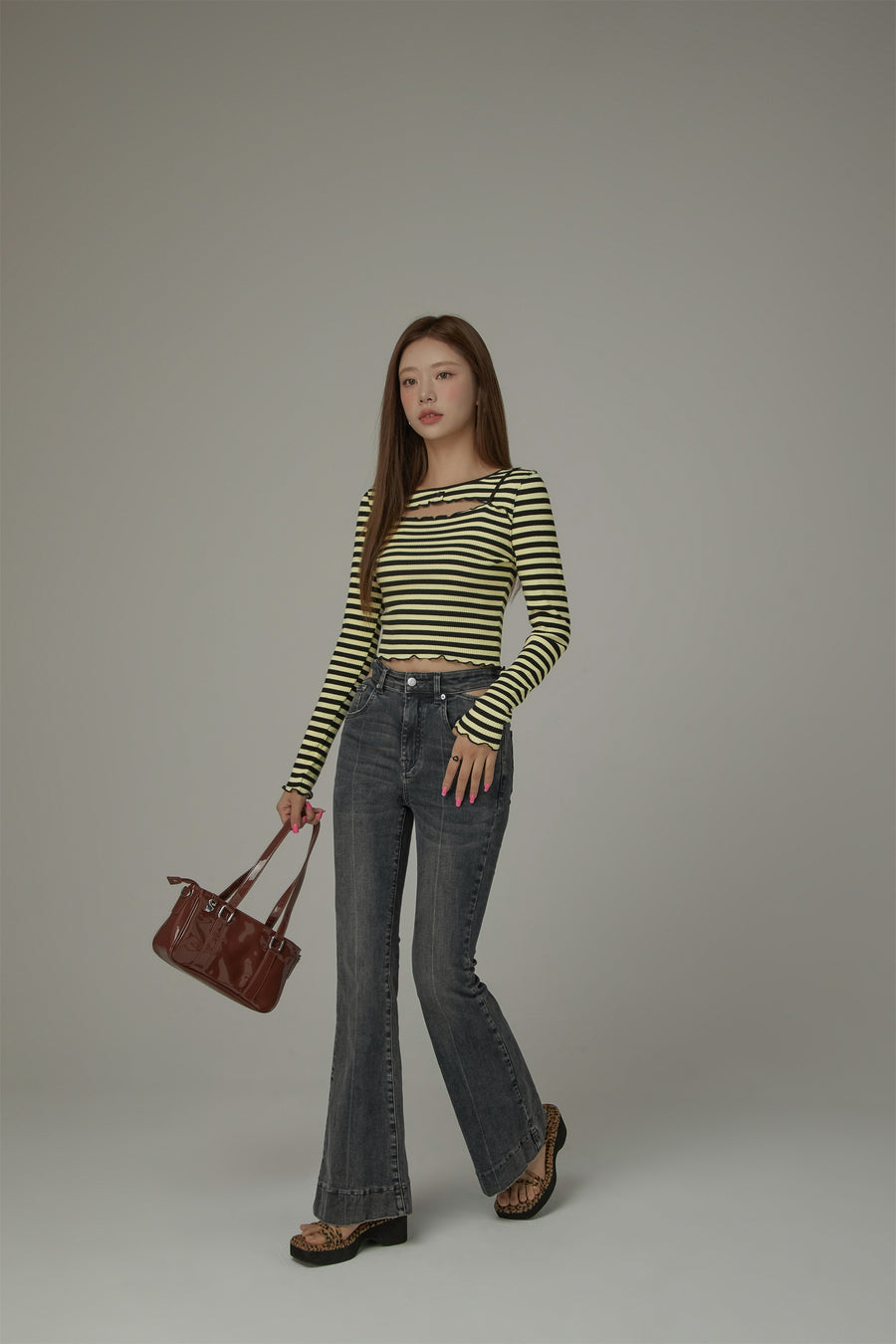 CHUU Chest Cutout Frill Long Sleeves Striped Top