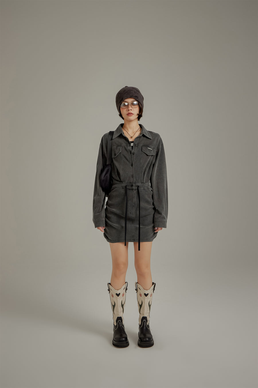CHUU String Shirring Shirt Mini Dress