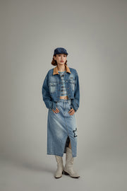 Star Denim Long Slit Skirt