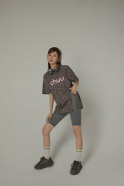 Leopard Side Slit Lettering Loose Fit Mid Length T-Shirt